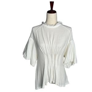 NEW Free People White Lace Bubble Sleeve Peplum Fit & Flare Ivory Knit Top XS